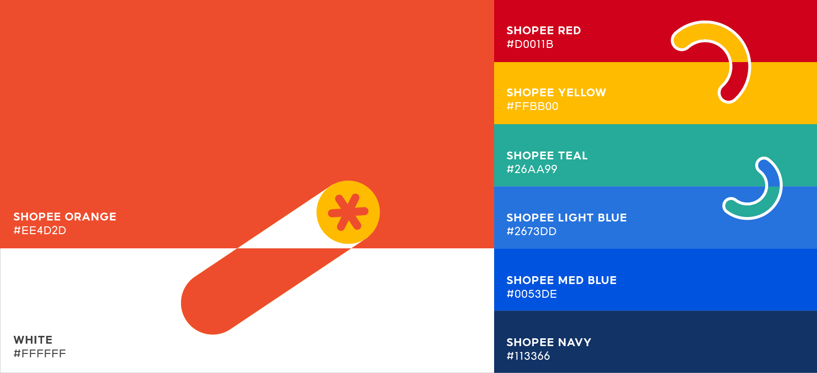 Shopee Campus Recruitment colour system — Shopee orange, red, yellow, teal, light blue, medium blue, navy and white